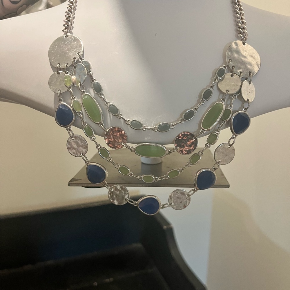 Talbots Multi-Strand Statement Necklace Silver Blue Green Hammered Discs - Picture 2 of 5